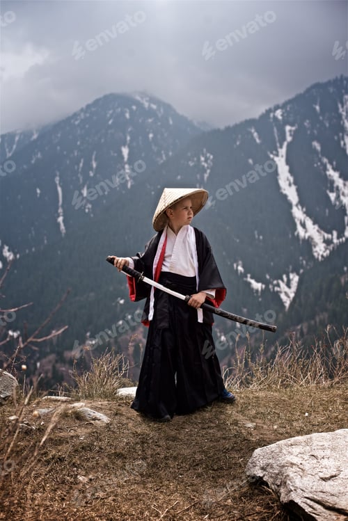 Preview: Way of the Samurai Boy dressed as a samurai stands with katana