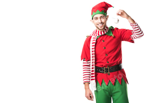 Preview: man in christmas elf costume holding bauble, smiling and looking at camera isolated on white