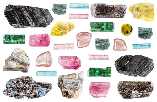 Preview: various samples of raw tourmaline mineral isolated