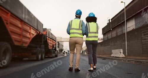Preview: Construction worker, team and walking with discussion at logistics site in morning for vehicle insp