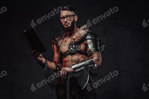 Preview: Clever nordic warrior with glasses book and huge axe