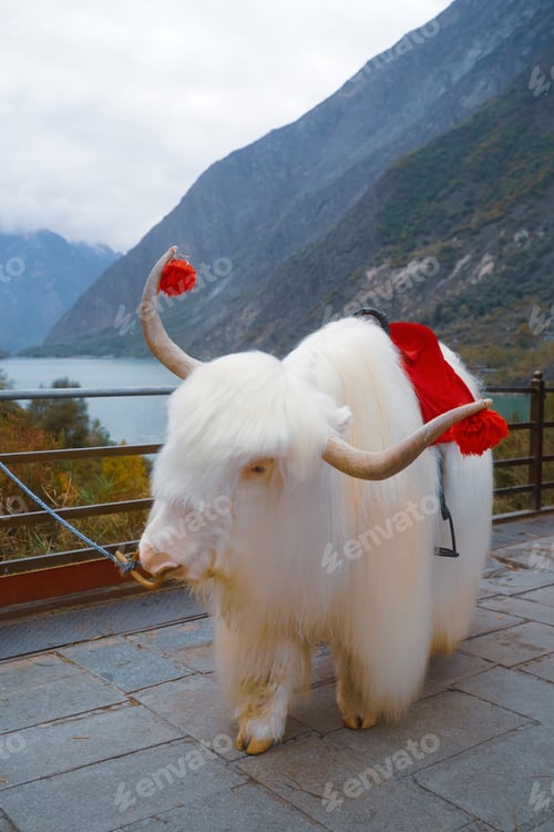 Preview: White yak with long fur and decorated horns standing on stone pavement near mountain lake