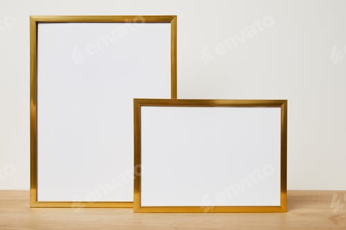 Preview: blank frames on wooden table at home