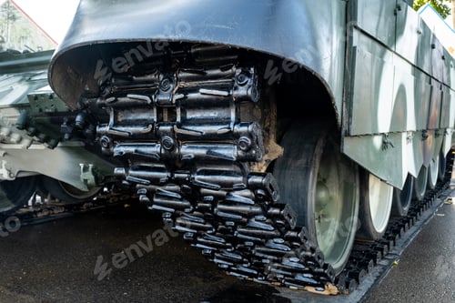 Preview: Tracked armor close-up. Black tracks and large rubberized rollers. Tank chassis