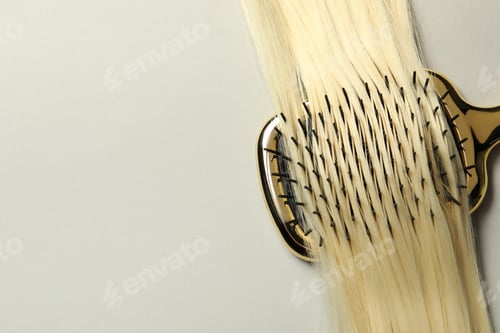 Preview: Stylish brush with blonde hair strand on light grey background, top view. Space for text
