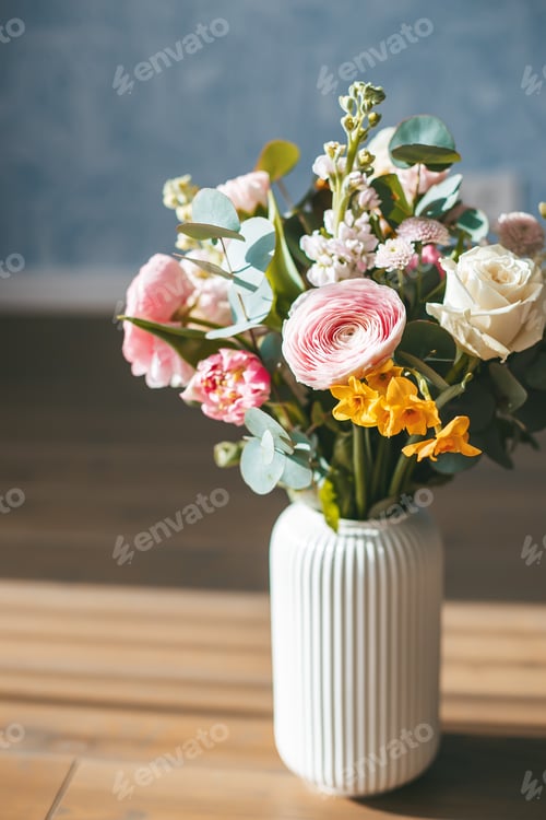 Preview: A vibrant and colorful bouquet of assorted flowers in a white vase on a wooden floor