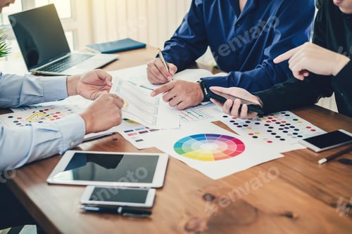 Preview: Teamwork process, Graphic designer creative planning work together on website ux ui app development.