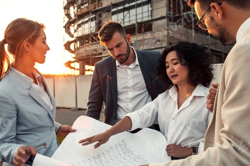 Preview: Business people discussing a blueprint in front of the construction site.