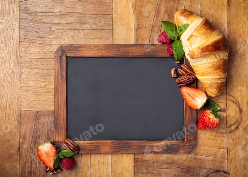 Preview: Black chalkboard with croissant and berries