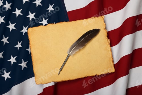 Preview: Vintage paper and quill on US American flag