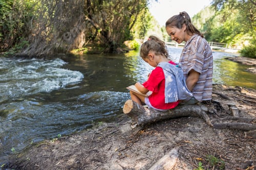Preview: Mother and daughter drawing by river in nature