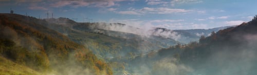 Preview: Panorama of beautiful the mountain autumn landscape with colorful forest