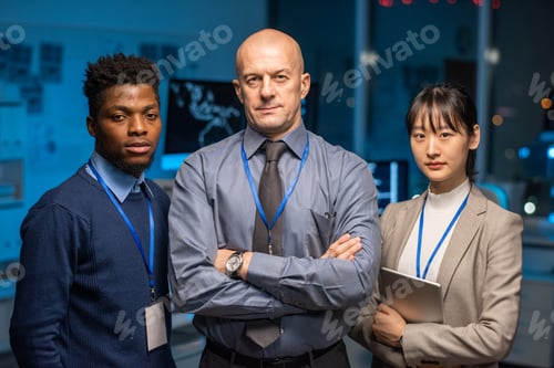 Preview: Group of contemporary confident it-engineers in formalwear