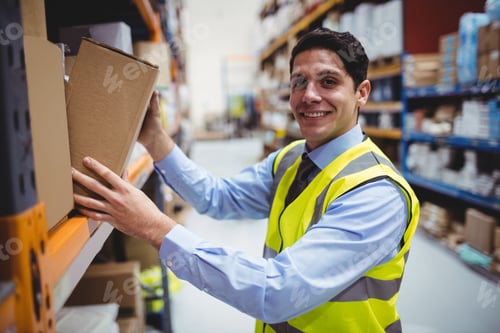 Preview: Man standing in warehouse aisle wearing hi-vis safety vest holding cardboard box, copy space