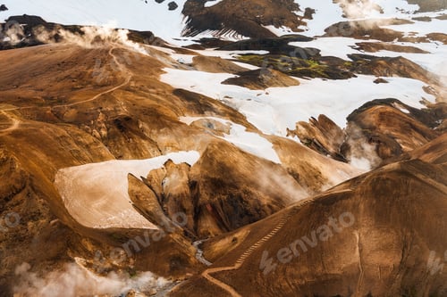 Preview: Kerlingarfjoll mountain range on geothermal area and sulphur smoke in summer at Iceland