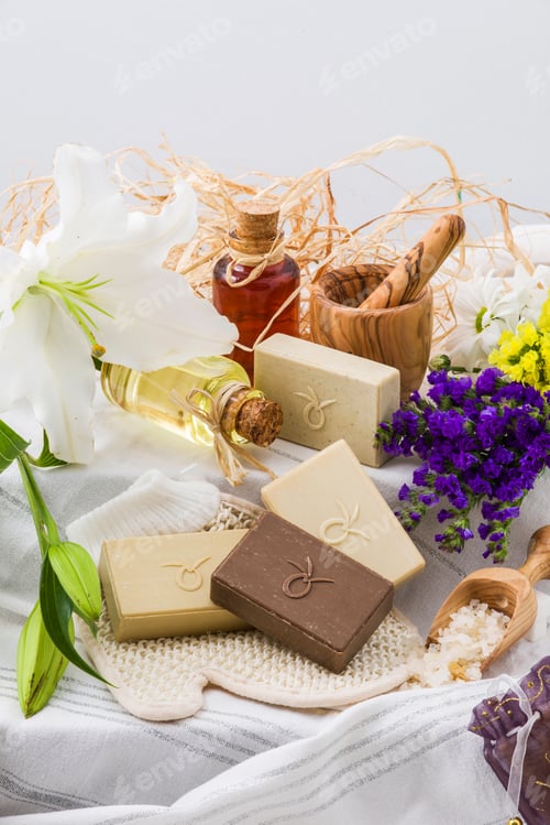 Preview: Piece of natural soap with herbs and flowers.
