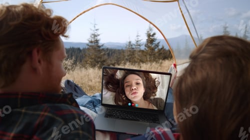 Preview: Distant friends chatting web camera outdoors closeup. Joyful woman talk screen
