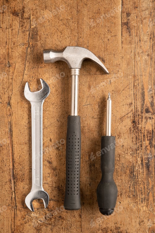 Preview: Hammer, cutting plier, screwdriver and a wrench key