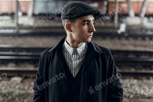 Preview: Stylish man posing on background of railway