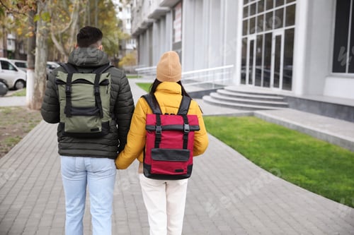 Preview: Couple with travel backpacks on city street, back view. Urban trip