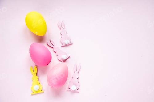 Preview: easter celebration concept. Top view photo of colorful easter eggs
