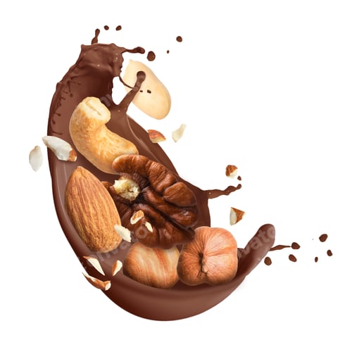 Preview: Chocolate splash with nuts on white background