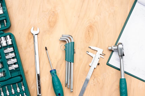 Preview: Workshop table with many tools. Work tools. Universal tool set. Professional equipment. Ratchet