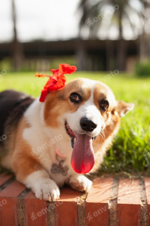 Preview: welsh corgi cardigan dog with red flower in the park in summer