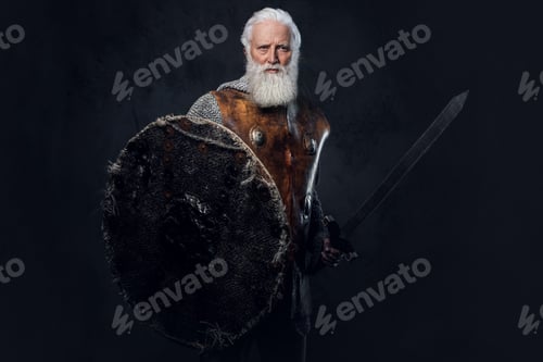 Preview: Elderly knight with shield and sword against dark background