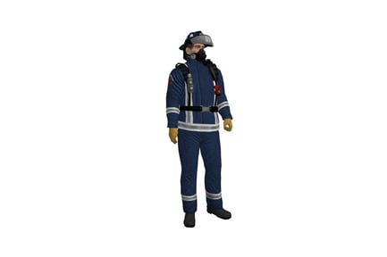 Preview: Firefighter in full uniform with oxygen mask and helmet