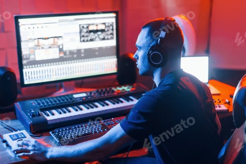 Preview: Sound engineer in headphones working and mixing music indoors in the studio