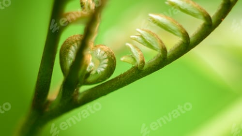 Preview: Curved fresh fern leaves pattern close-up macro photo.