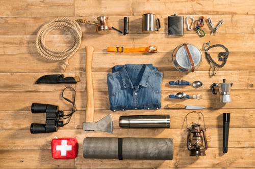 Preview: Traveler set on wooden background, flat lay