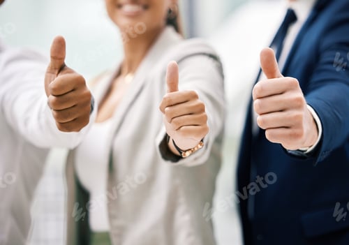 Preview: Thumbs up for corporate success, support with hand sign for business collaboration and thank you fo