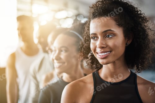 Preview: Row, smile and people at the gym for fitness, training and thinking of exercise. Happy, looking and