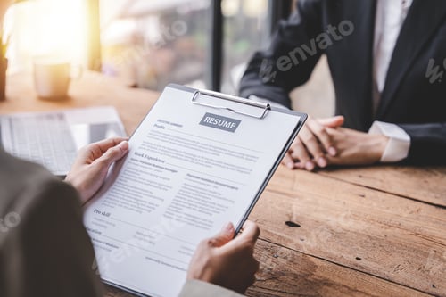 Preview: Portrait of a person interviewing for a job and
Submit resume to staff job application concept