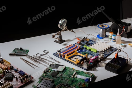 Preview: Circuit board and engineering equipment on table