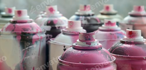 Preview: A lot of dirty and used aerosol cans of bright pink paint