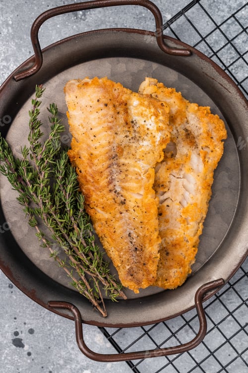 Preview: Fried pollock white fish fillet. grey background. top view