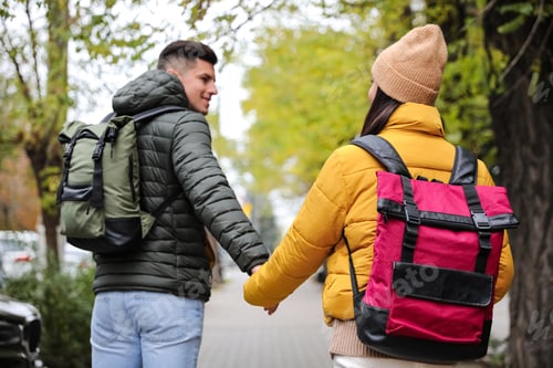 Preview: Couple with travel backpacks on city street, back view. Urban trip