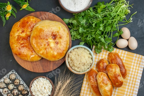 Preview: Top view of fresh delicious pastries eggs green flour in a brown pot on blackground