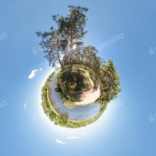 Preview: Little planet. Spherical aerial view in forest near river in nice day with nice clouds