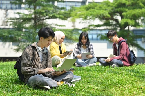 Preview: Asian male student using laptop on green grass in campus with friends sitting on background.