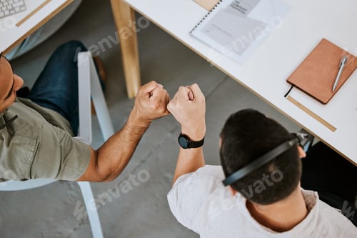 Preview: Excited call centre agents, fist bump and celebrating deal, promotion and sale from above in office