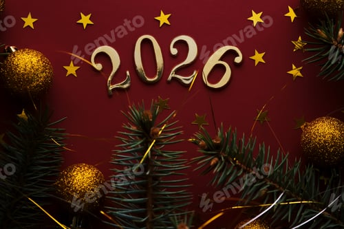 Visualização: Fundo vermelho de Ano Novo de 2025. Número do próximo ano na decoração de Natal.