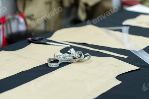 Preview: a paper pattern of clothes on the table in the dressmaking workshop