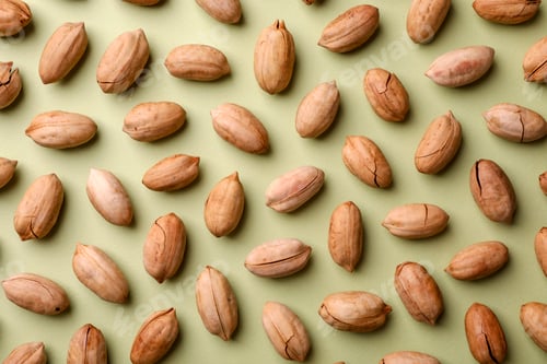 Preview: Composition with ripe pecan nuts on color background, flat lay