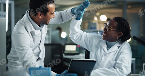 Preview: Scientist, high five and people with tablet for biochemistry, experiment and pathology breakthrough