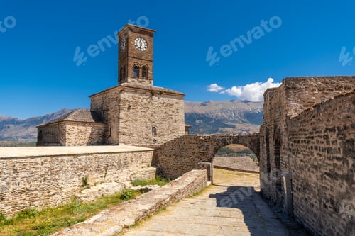 Preview: The clock tower in the Ottoman castle fortress of Gjirokaster or Gjirokastra. Albania