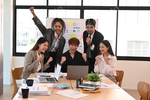 Preview: Group of start up business people celebrating success good teamwork result or corporate.